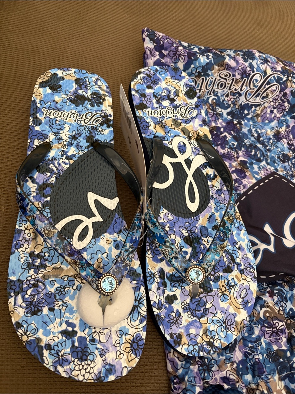 Brighton Blue Floral 'Love' Flip Flops with Jewel Accent - Picture 3 of 7